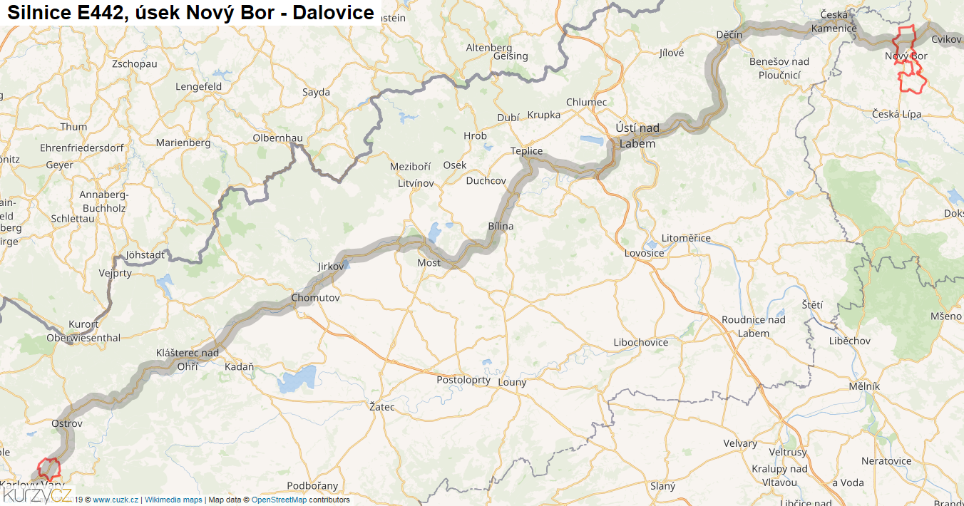 Úsek Nový Bor - Dalovice, Silnice E442 - Mapa