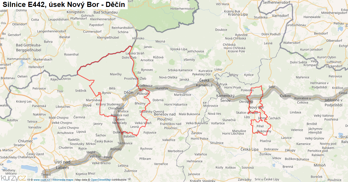Úsek Nový Bor - Děčín, Silnice E442 - Mapa
