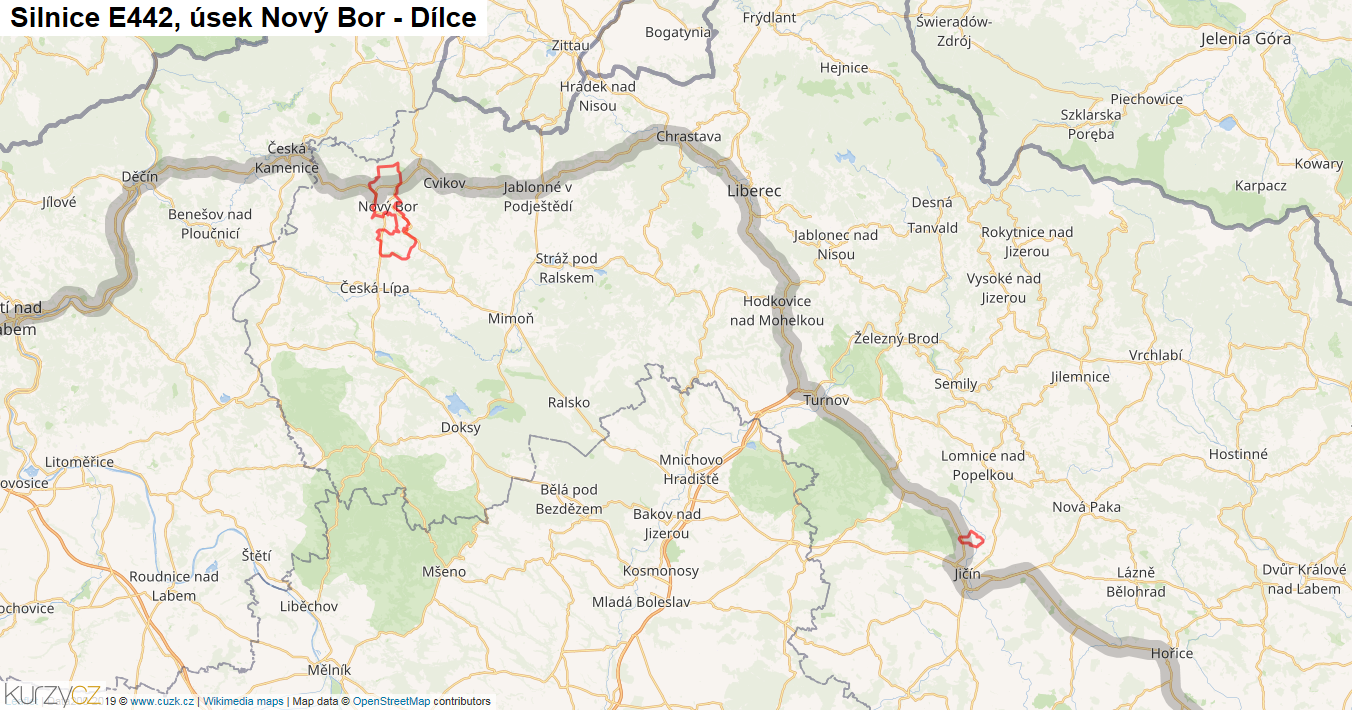 Úsek Nový Bor - Dílce, Silnice E442 - Mapa