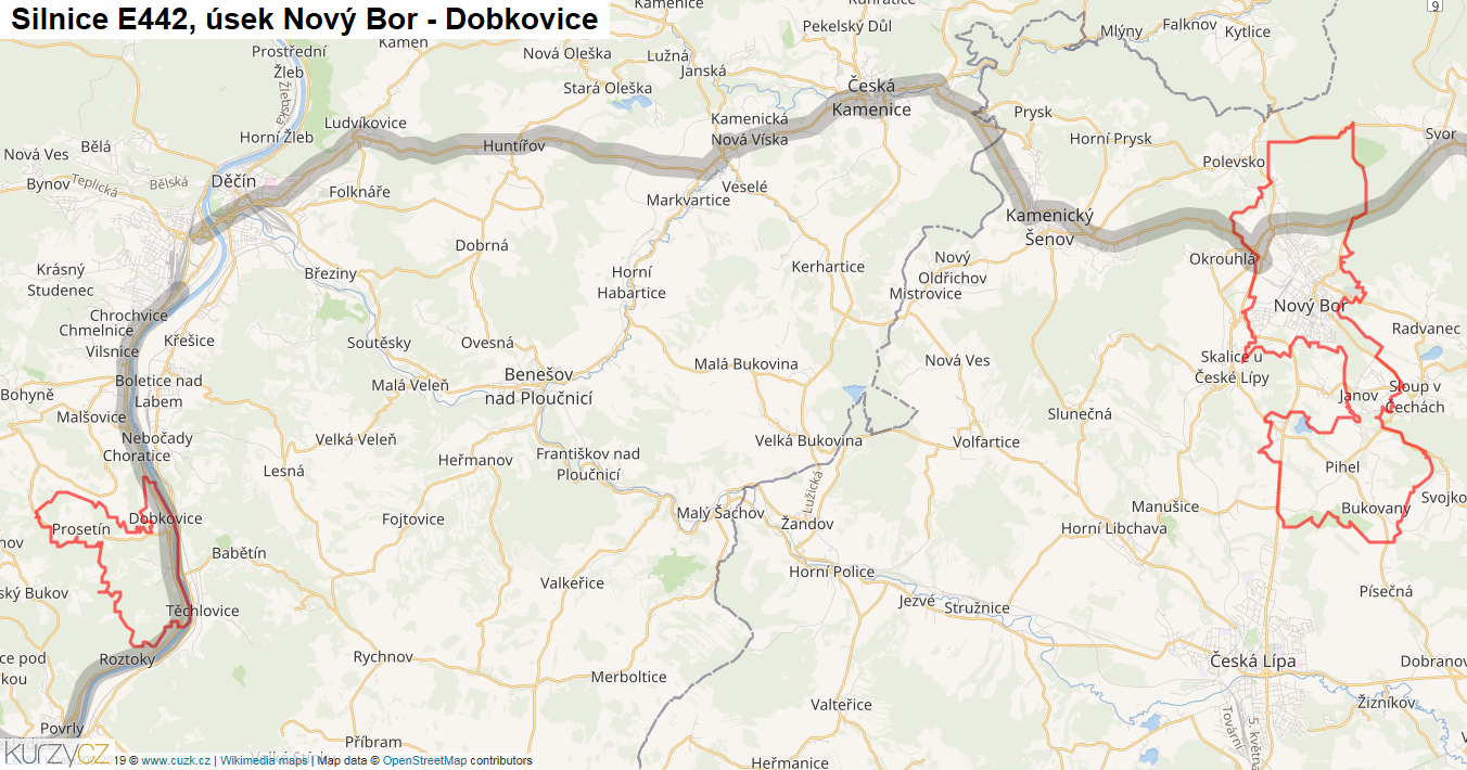 Úsek Nový Bor - Dobkovice, Silnice E442 - Mapa