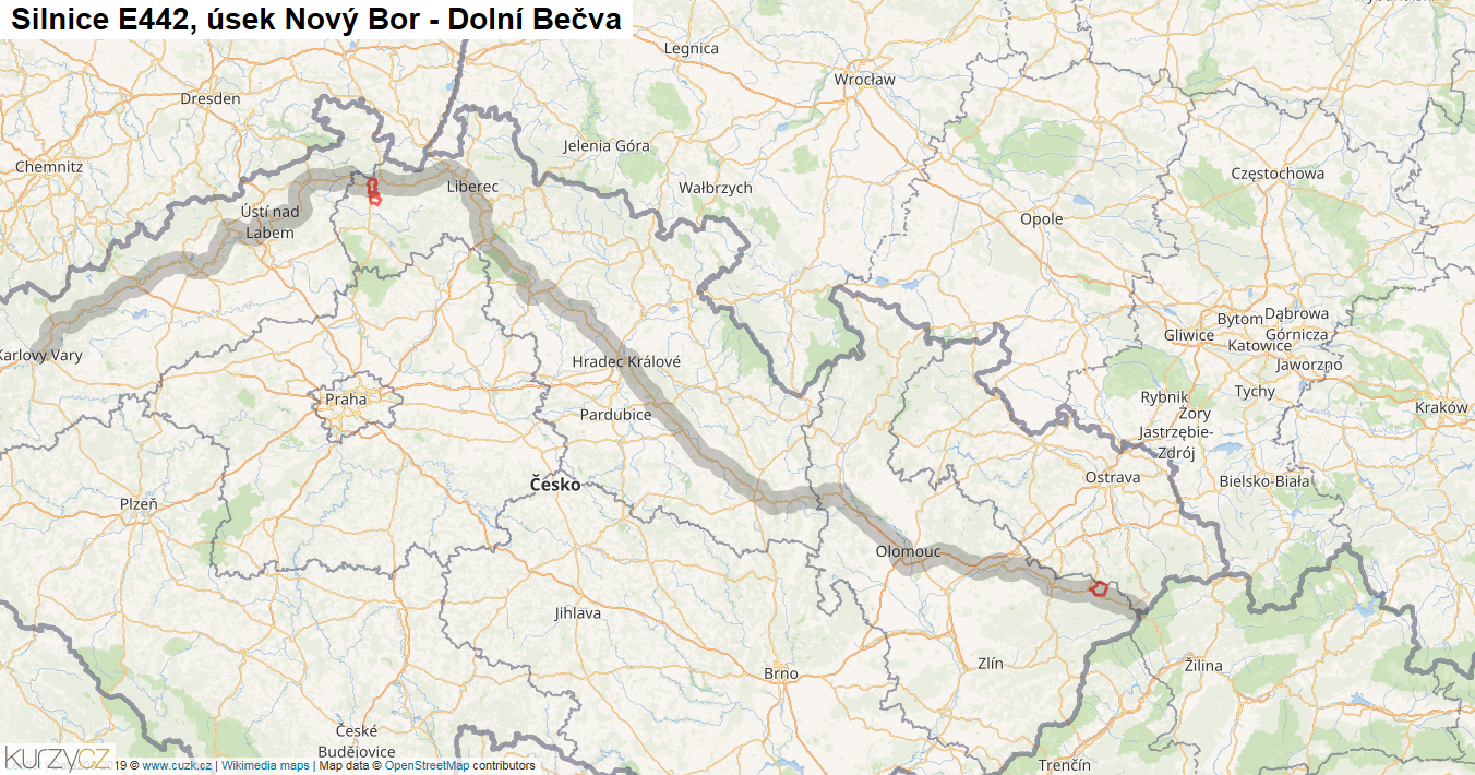 Úsek Nový Bor - Dolní Bečva, Silnice E442 - Mapa