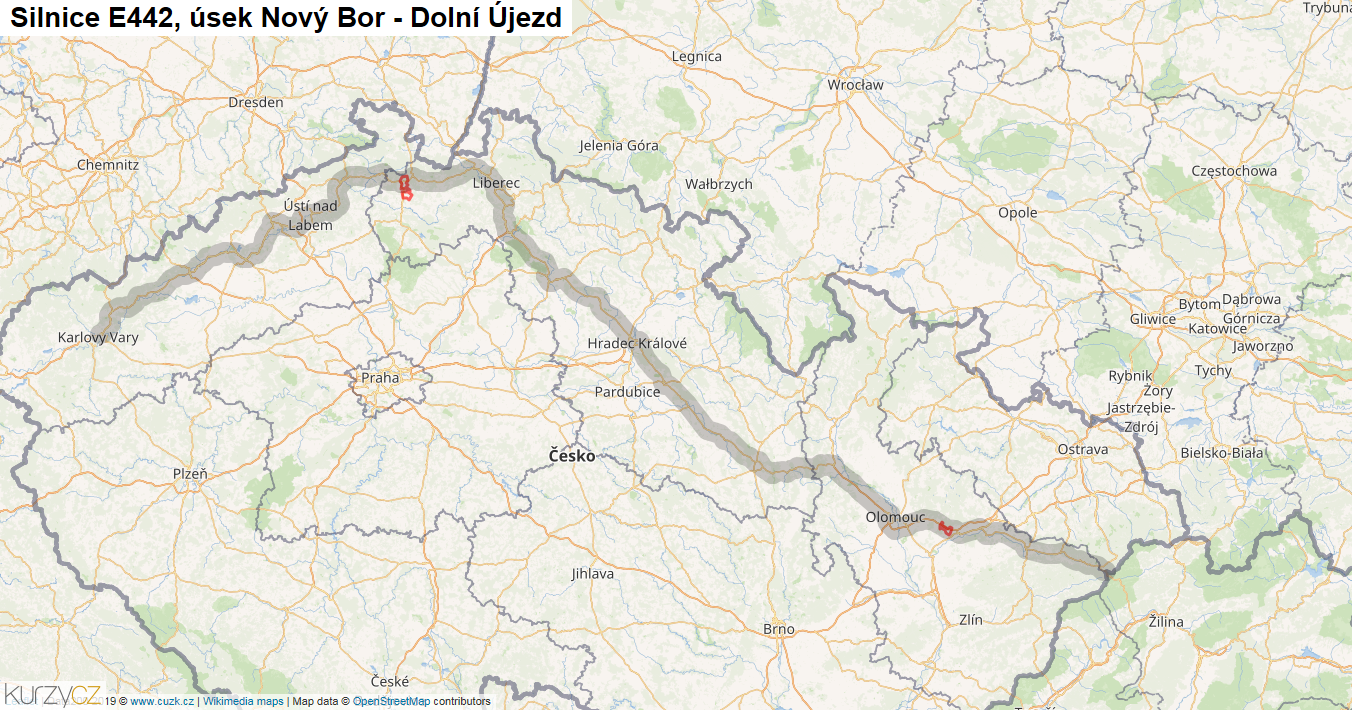 Úsek Nový Bor - Dolní Újezd, Silnice E442 - Mapa