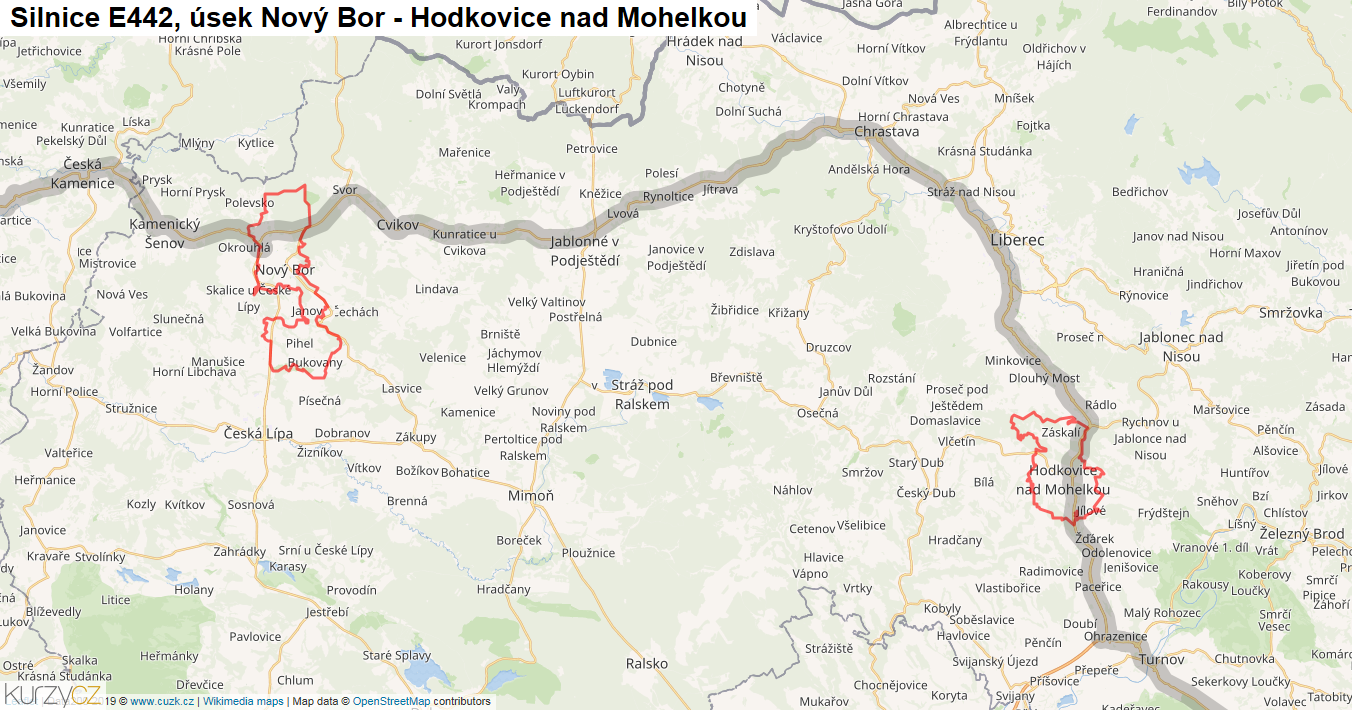 Úsek Nový Bor - Hodkovice nad Mohelkou, Silnice E442 - Mapa