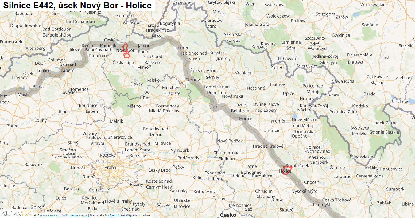 Úsek Nový Bor - Holice, Silnice E442 - Mapa