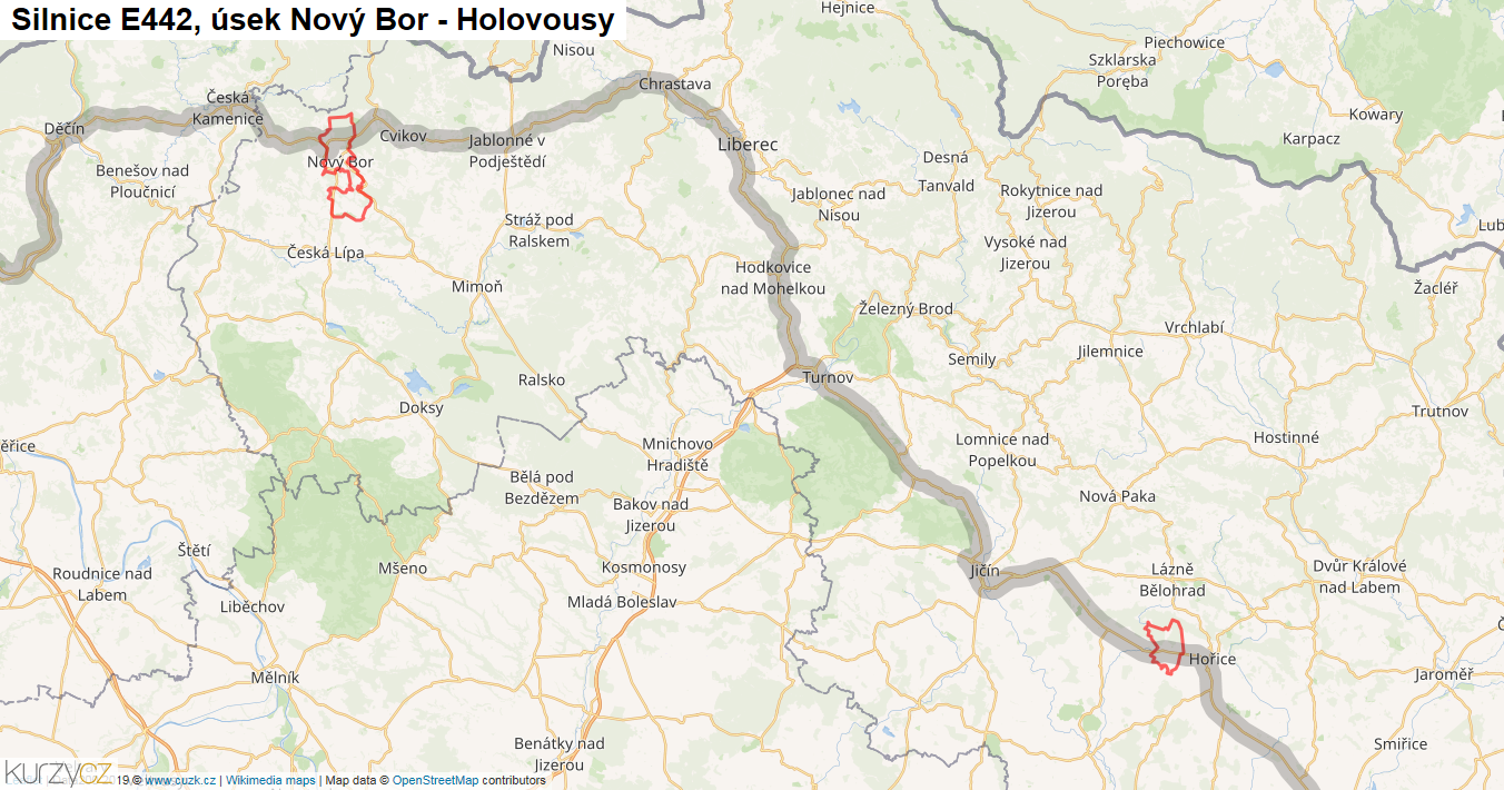 Úsek Nový Bor - Holovousy, Silnice E442 - Mapa