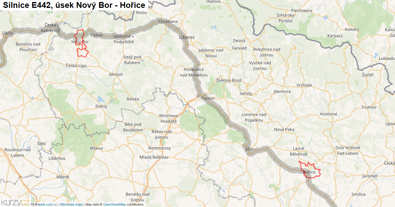 Úsek Nový Bor - Hořice, Silnice E442 - Mapa