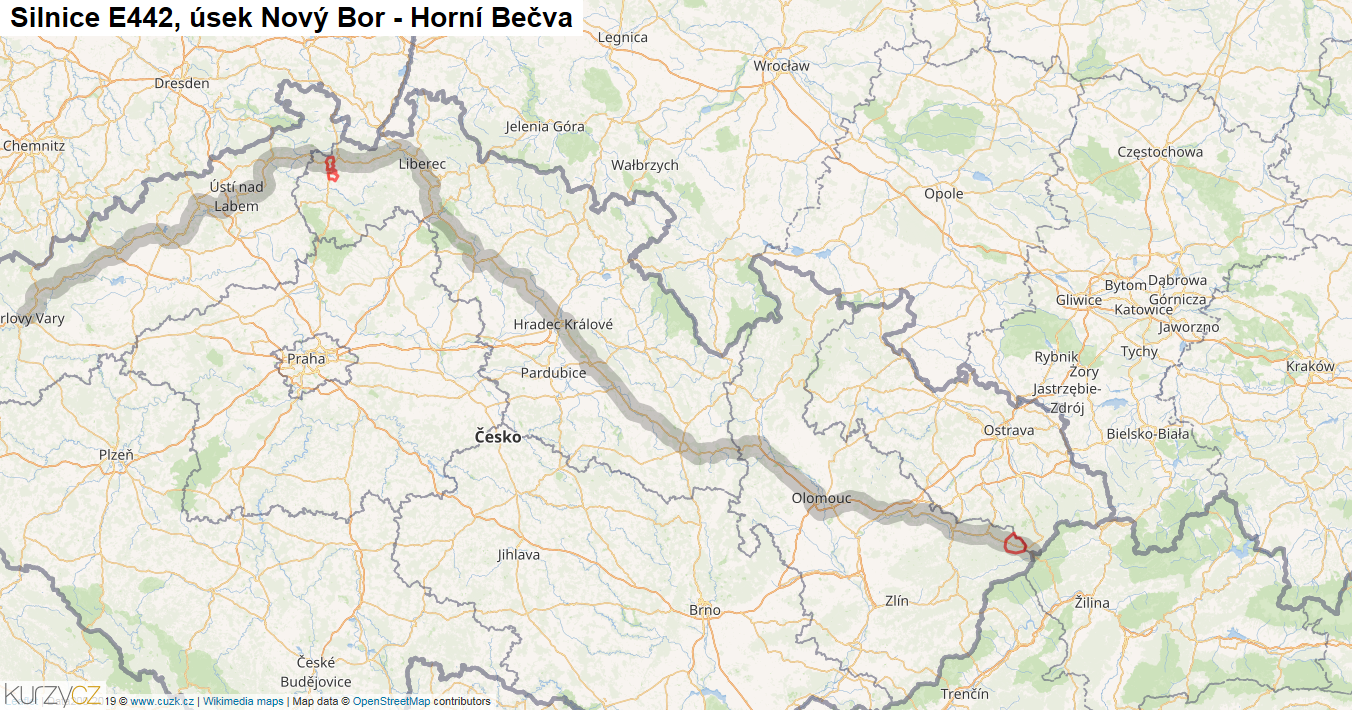 Úsek Nový Bor - Horní Bečva, Silnice E442 - Mapa