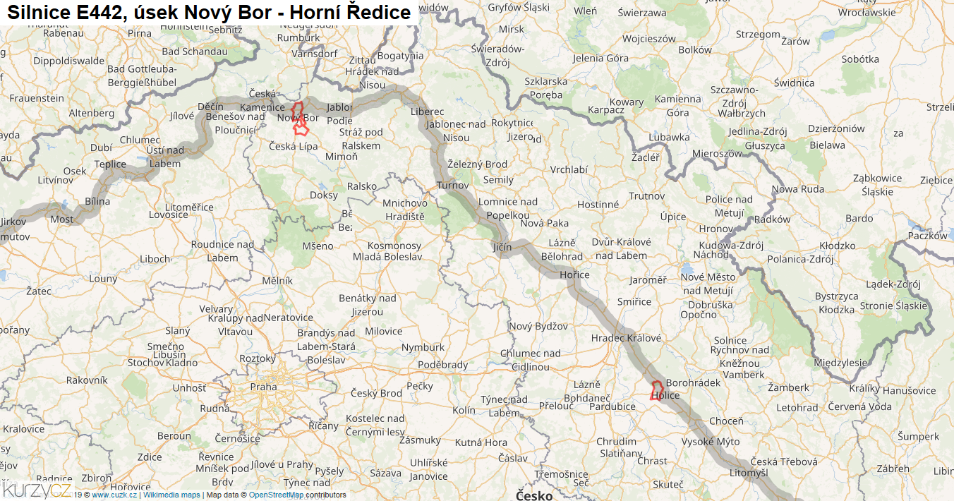 Úsek Nový Bor - Horní Ředice, Silnice E442 - Mapa
