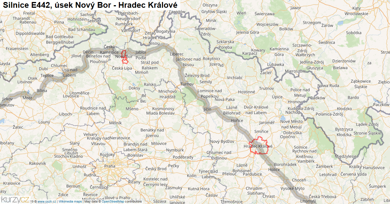 Úsek Nový Bor - Hradec Králové, Silnice E442 - Mapa
