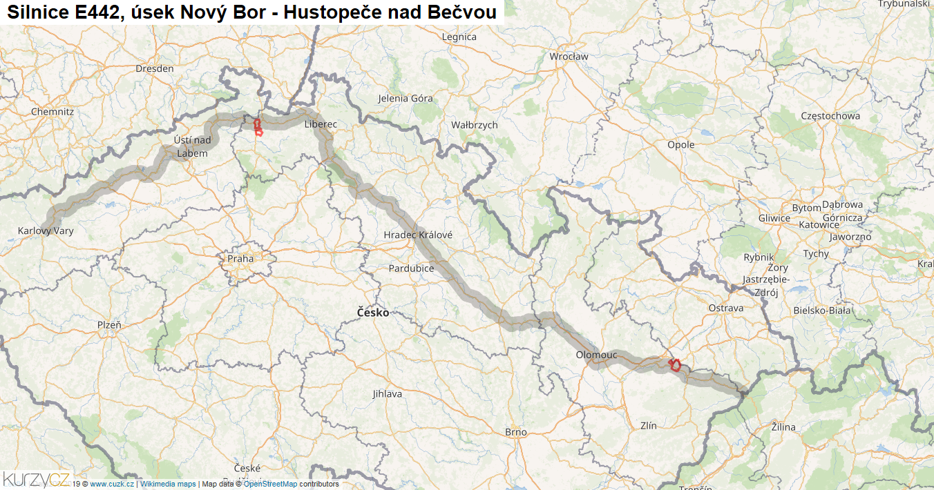 Úsek Nový Bor - Hustopeče nad Bečvou, Silnice E442 - Mapa