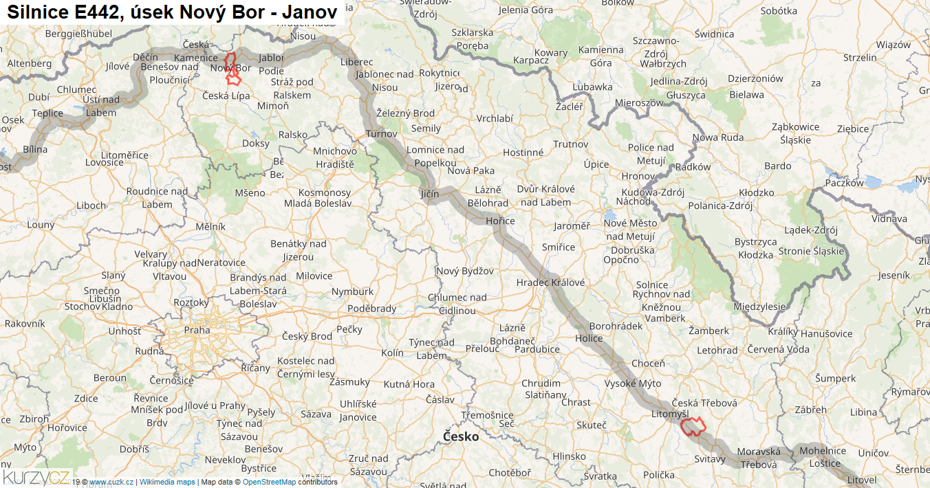 Úsek Nový Bor - Janov, Silnice E442 - Mapa