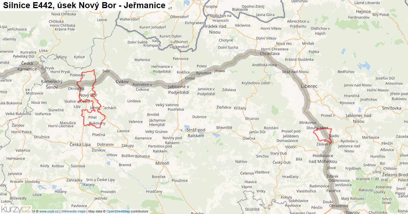 Úsek Nový Bor - Jeřmanice, Silnice E442 - Mapa