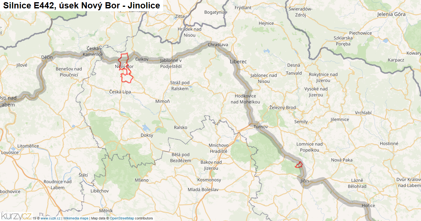 Úsek Nový Bor - Jinolice, Silnice E442 - Mapa