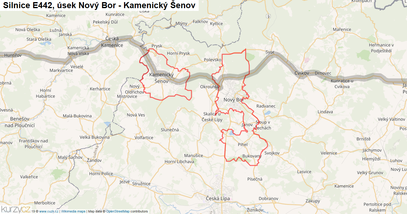 Úsek Nový Bor - Kamenický Šenov, Silnice E442 - Mapa