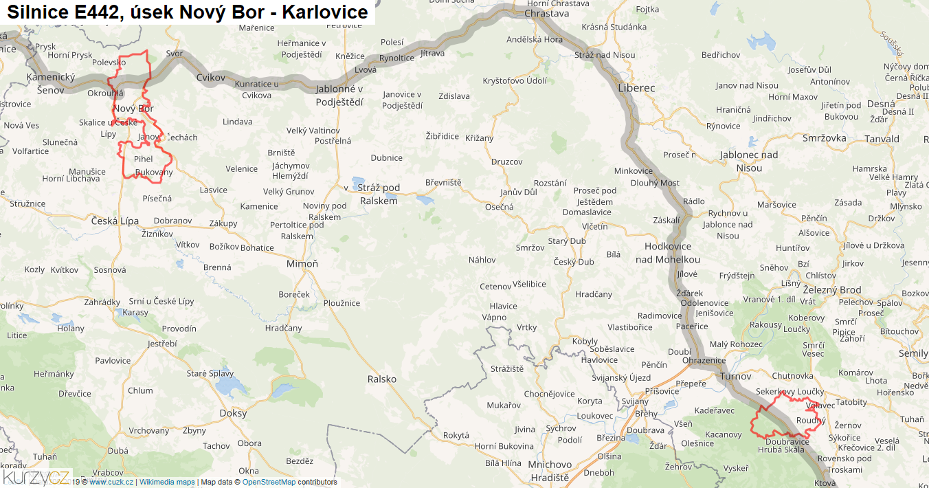 Úsek Nový Bor - Karlovice, Silnice E442 - Mapa