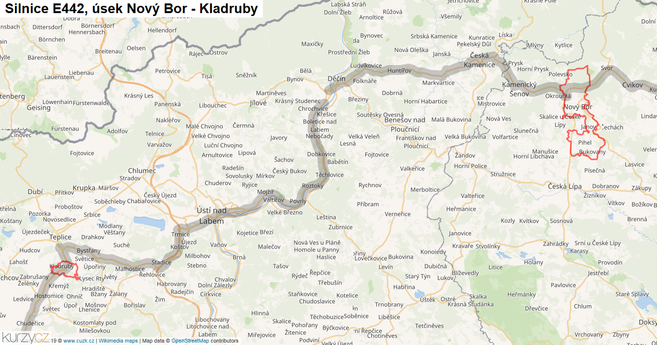 Úsek Nový Bor - Kladruby, Silnice E442 - Mapa