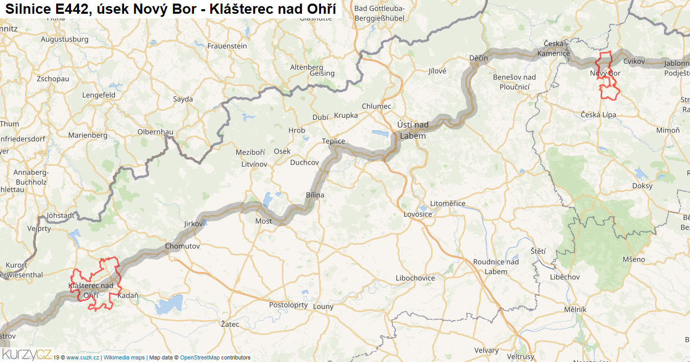 Úsek Nový Bor - Klášterec nad Ohří, Silnice E442 - Mapa
