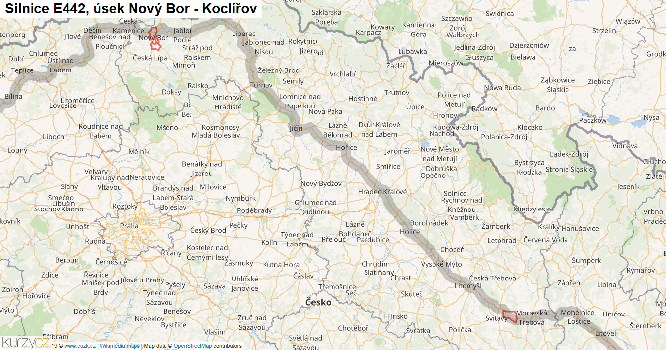 Úsek Nový Bor - Koclířov, Silnice E442 - Mapa