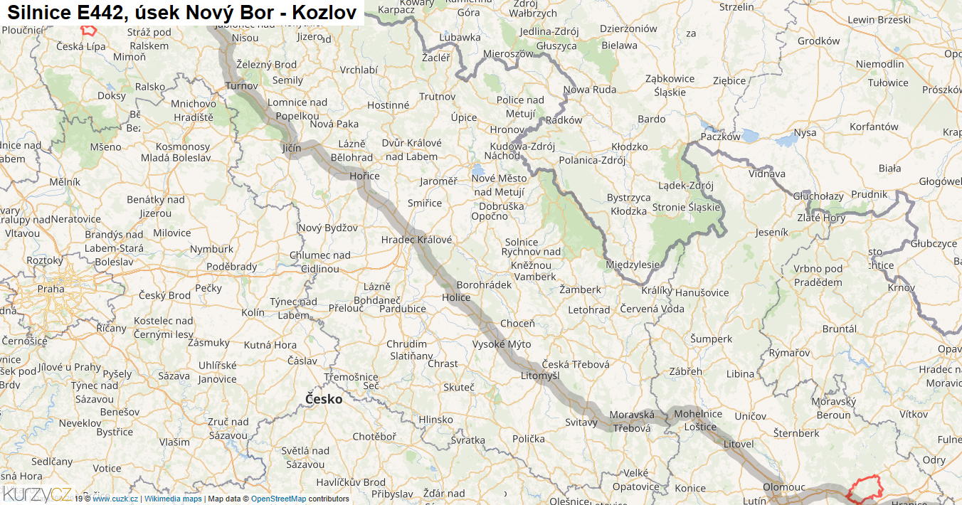Úsek Nový Bor - Kozlov, Silnice E442 - Mapa
