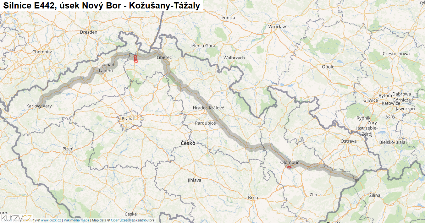 Úsek Nový Bor - Kožušany-Tážaly, Silnice E442 - Mapa
