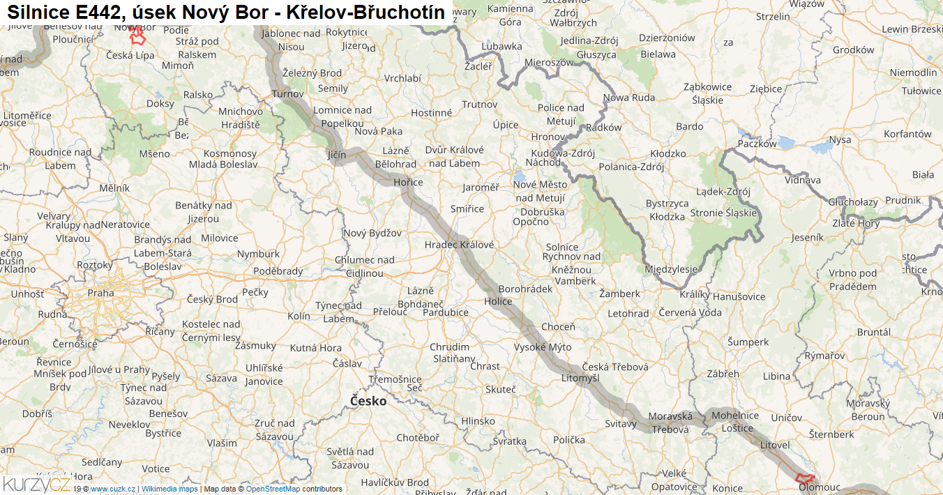 Úsek Nový Bor - Křelov-Břuchotín, Silnice E442 - Mapa