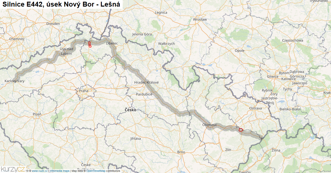 Úsek Nový Bor - Lešná, Silnice E442 - Mapa