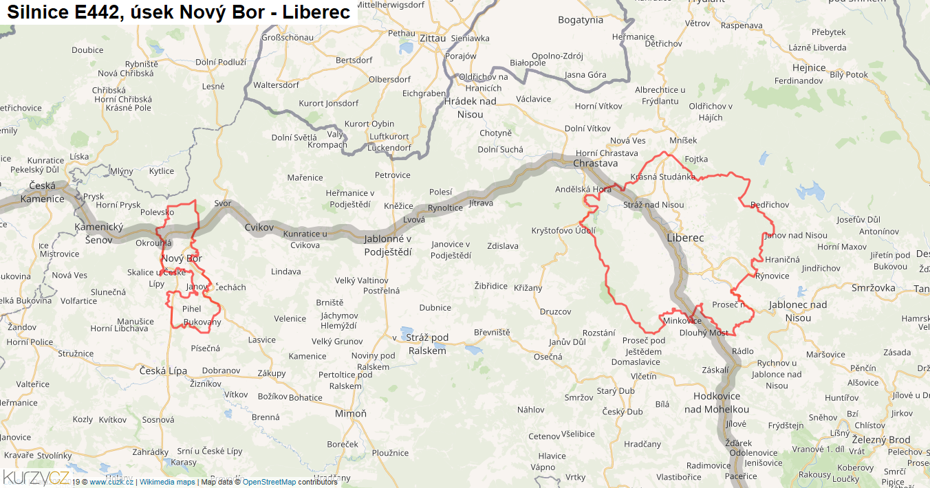 Úsek Nový Bor - Liberec, Silnice E442 - Mapa