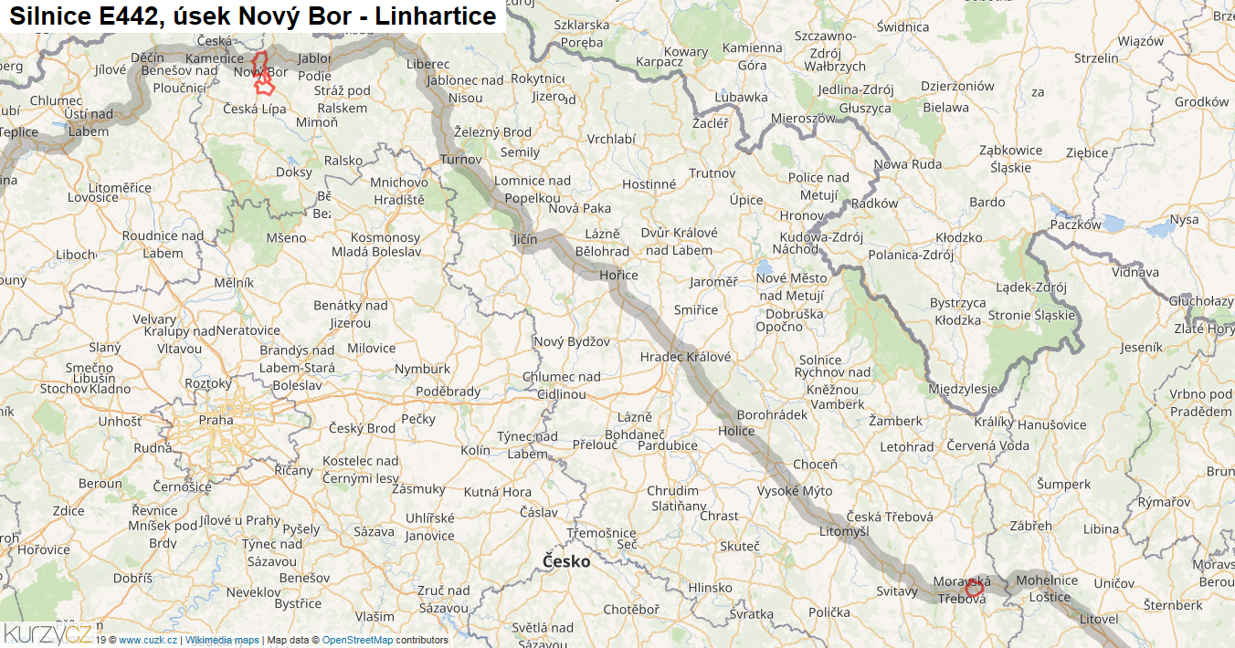 Úsek Nový Bor - Linhartice, Silnice E442 - Mapa