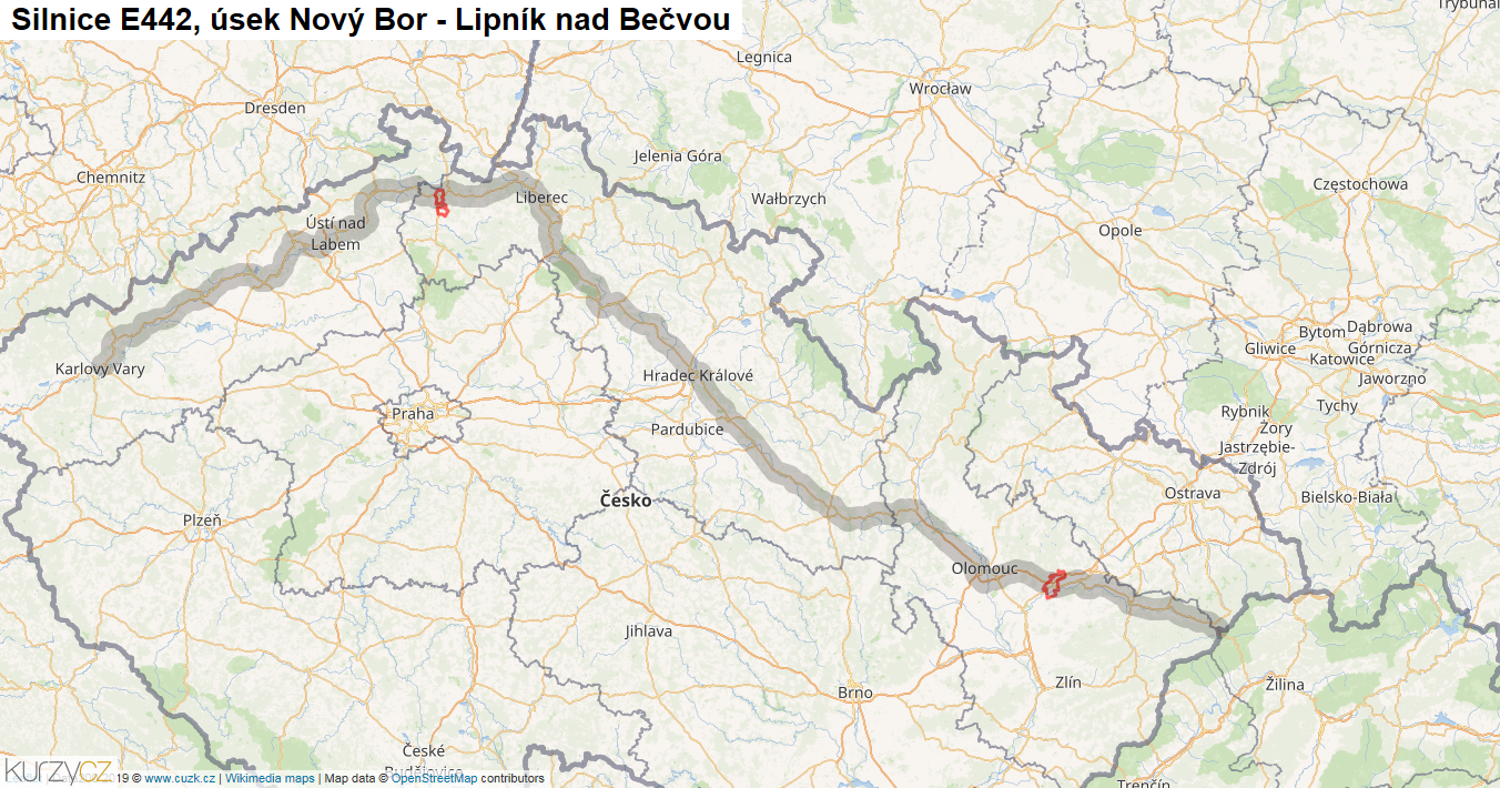 Úsek Nový Bor - Lipník nad Bečvou, Silnice E442 - Mapa