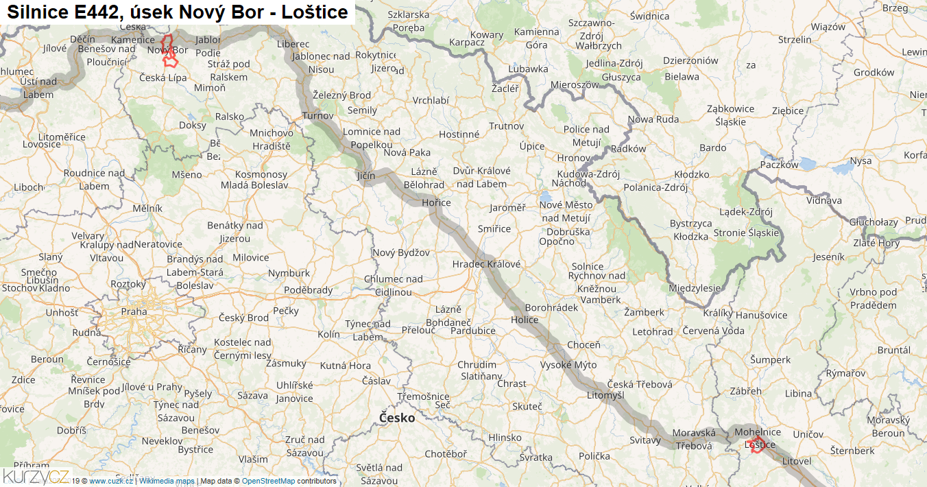 Úsek Nový Bor - Loštice, Silnice E442 - Mapa