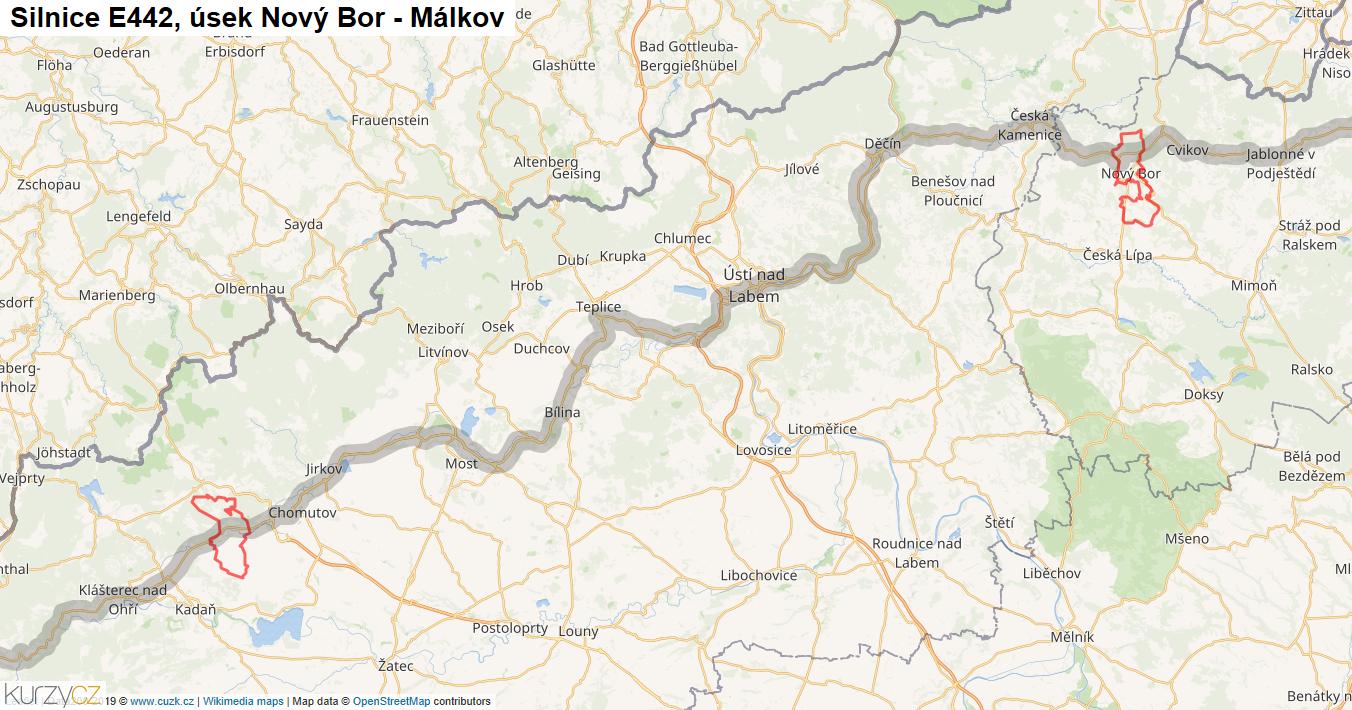 Úsek Nový Bor - Málkov, Silnice E442 - Mapa