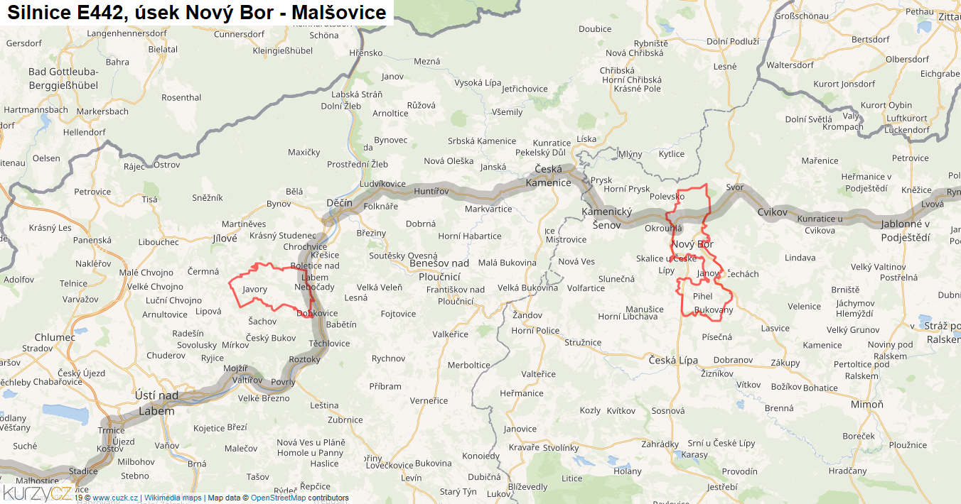 Úsek Nový Bor - Malšovice, Silnice E442 - Mapa