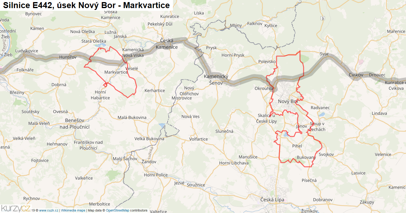 Úsek Nový Bor - Markvartice, Silnice E442 - Mapa