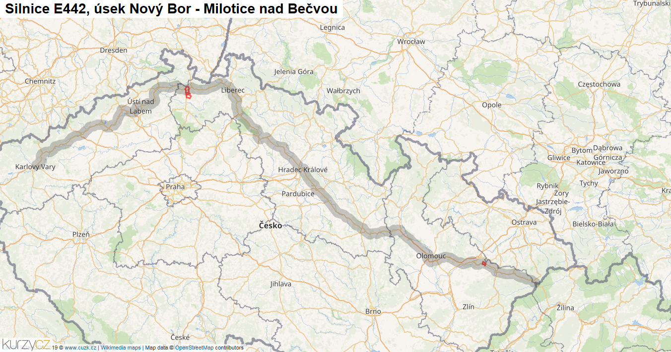 Úsek Nový Bor - Milotice nad Bečvou, Silnice E442 - Mapa