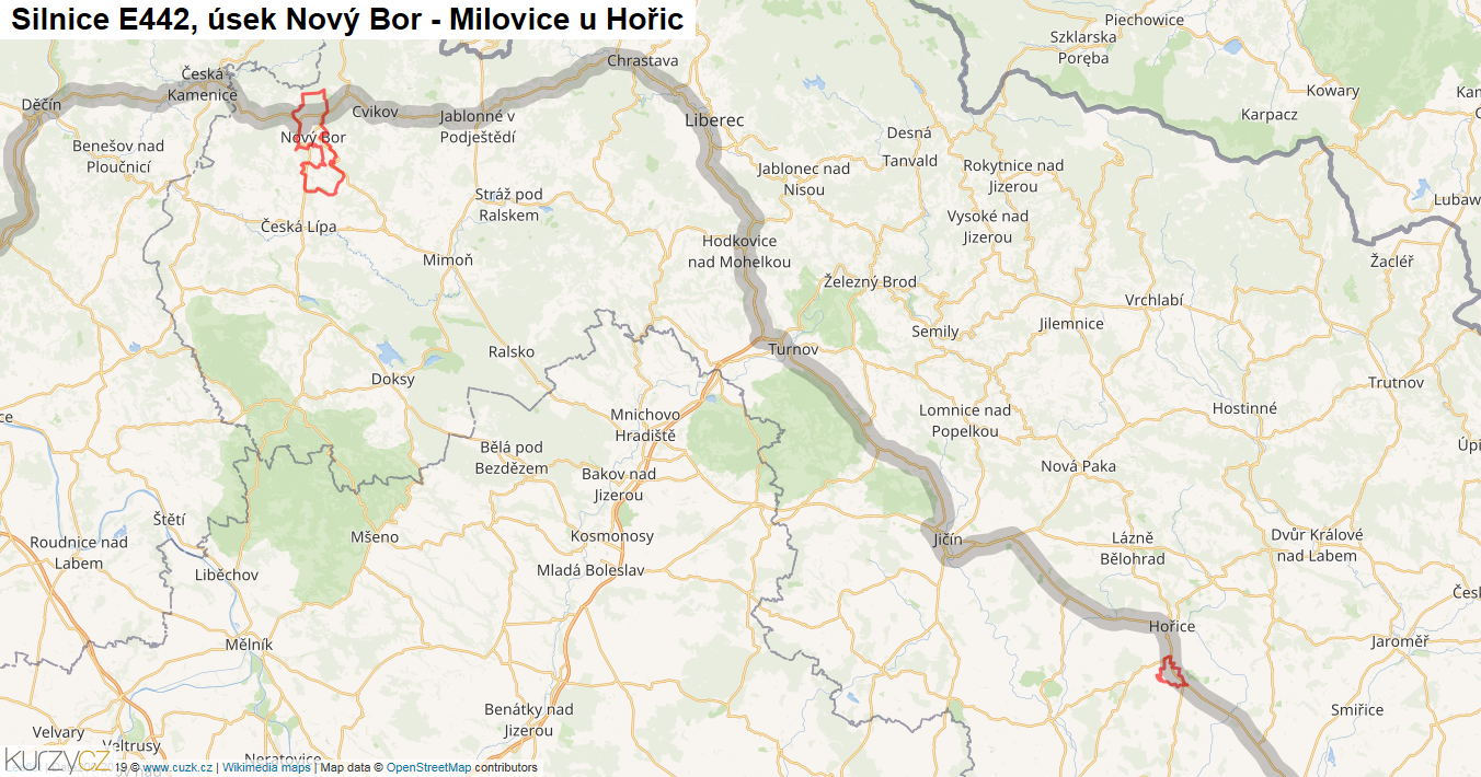 Úsek Nový Bor - Milovice u Hořic, Silnice E442 - Mapa
