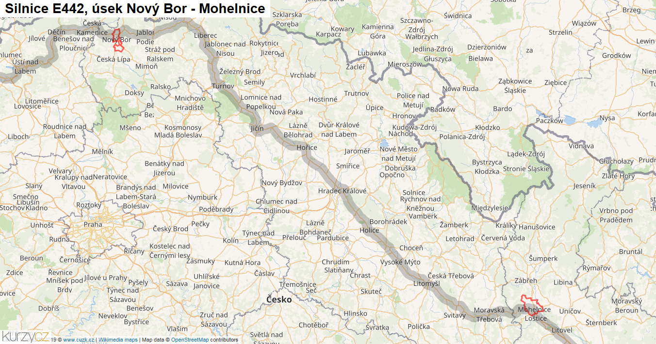 Úsek Nový Bor - Mohelnice, Silnice E442 - Mapa