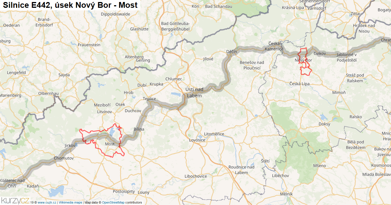 Úsek Nový Bor - Most, Silnice E442 - Mapa