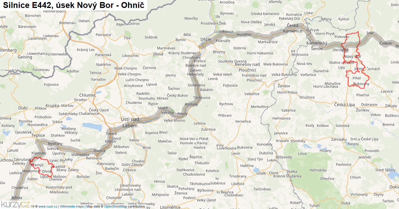 Úsek Nový Bor - Ohníč, Silnice E442 - Mapa