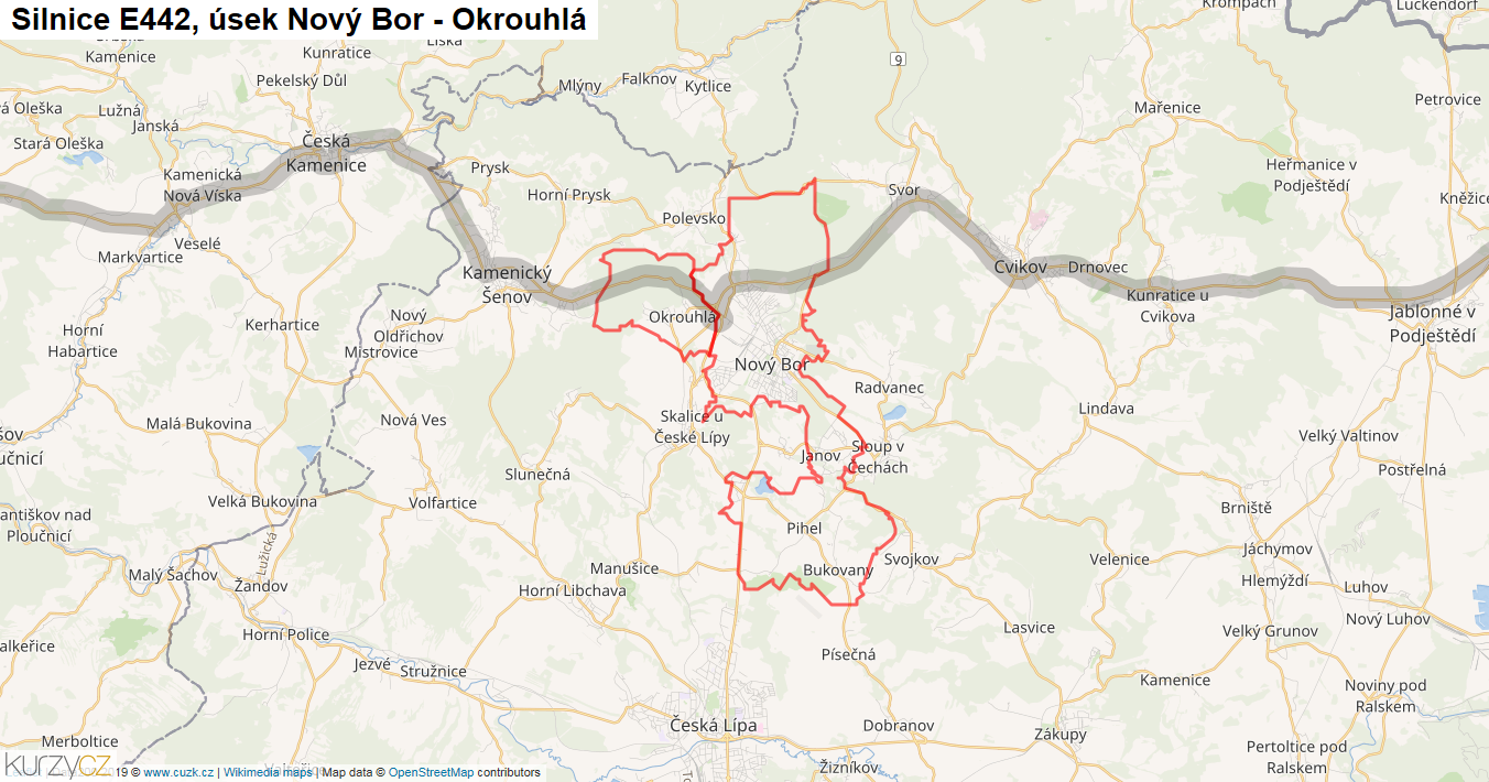 Úsek Nový Bor - Okrouhlá, Silnice E442 - Mapa