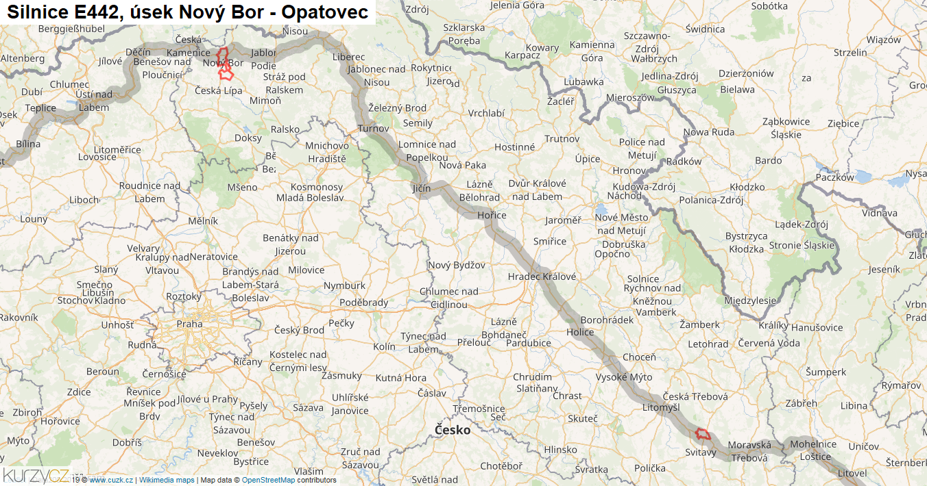Úsek Nový Bor - Opatovec, Silnice E442 - Mapa