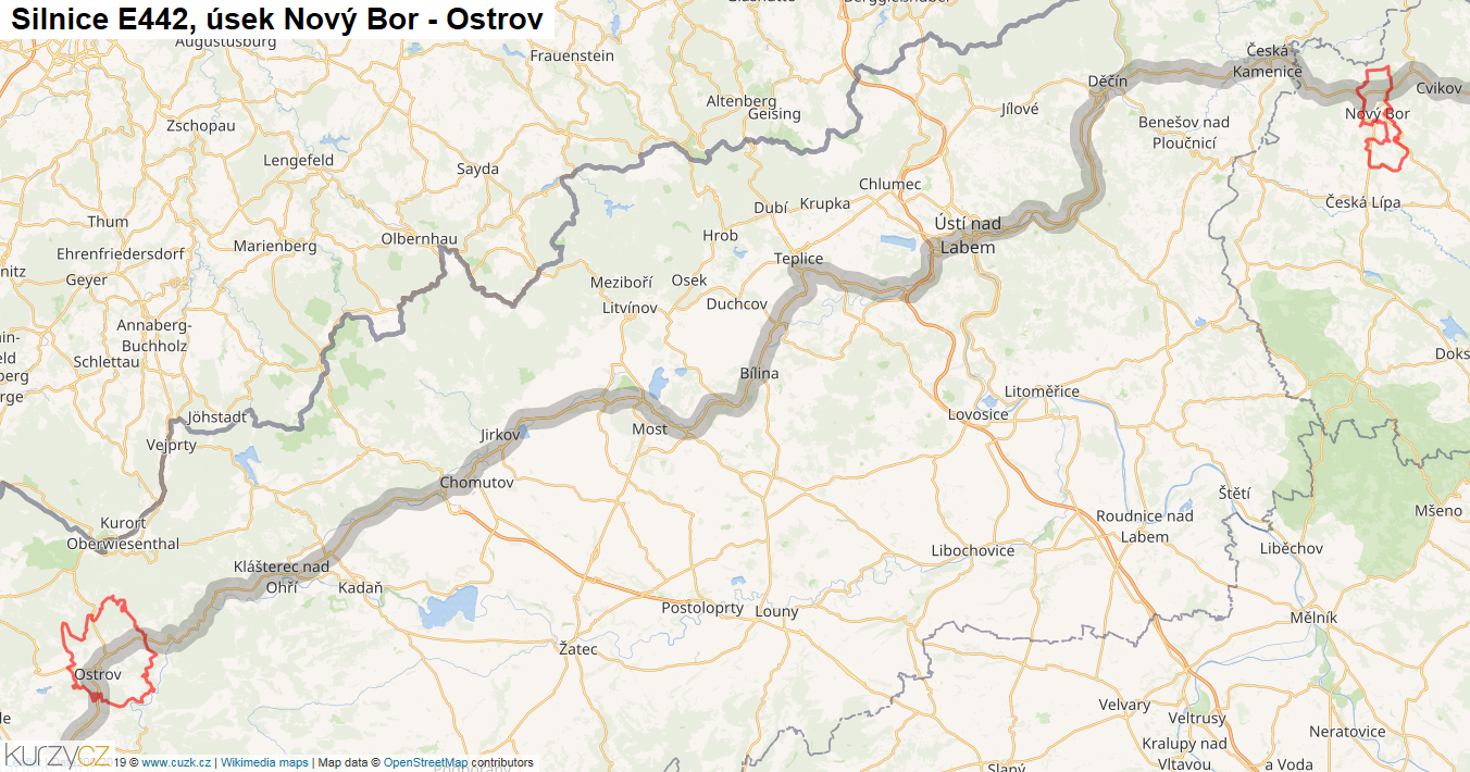 Úsek Nový Bor - Ostrov, Silnice E442 - Mapa