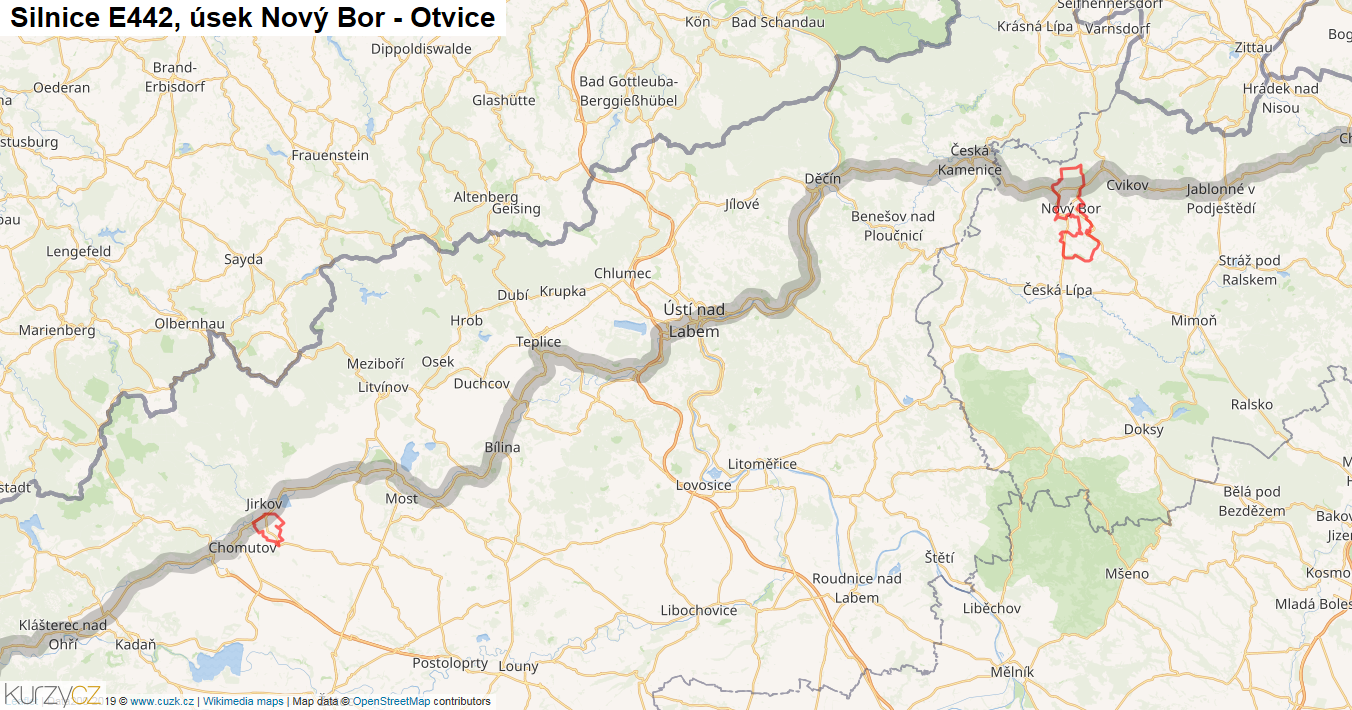 Úsek Nový Bor - Otvice, Silnice E442 - Mapa