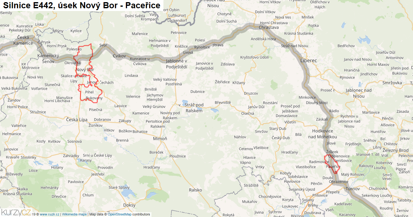 Úsek Nový Bor - Paceřice, Silnice E442 - Mapa