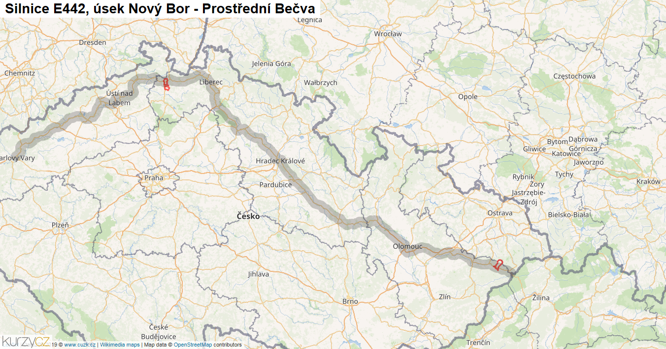 Úsek Nový Bor - Prostřední Bečva, Silnice E442 - Mapa