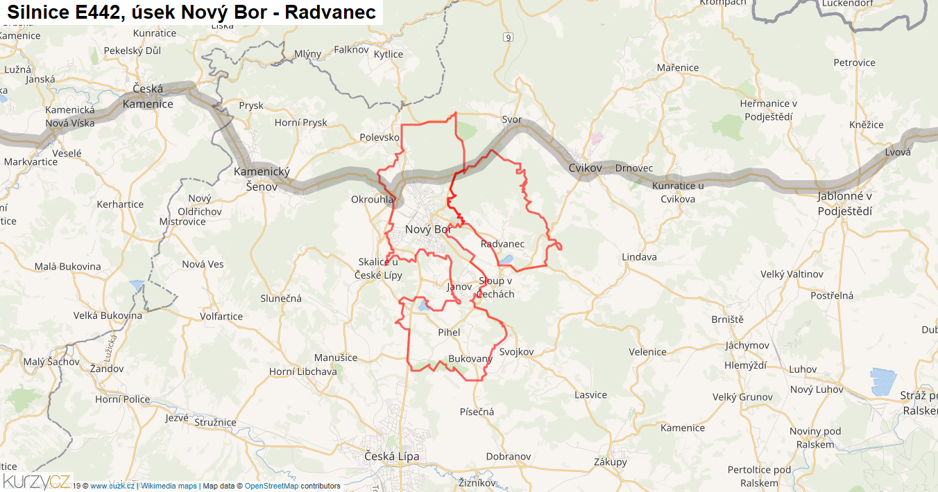 Úsek Nový Bor - Radvanec, Silnice E442 - Mapa