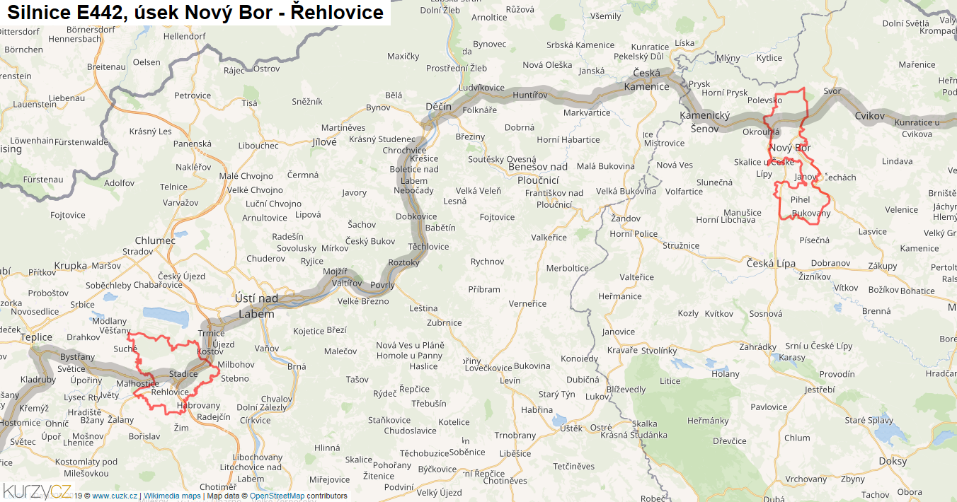 Úsek Nový Bor - Řehlovice, Silnice E442 - Mapa
