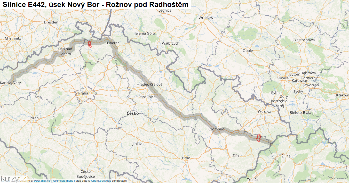 Úsek Nový Bor - Rožnov pod Radhoštěm, Silnice E442 - Mapa