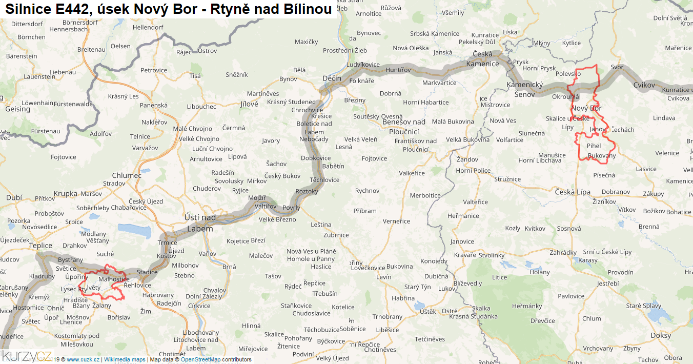 Úsek Nový Bor - Rtyně nad Bílinou, Silnice E442 - Mapa