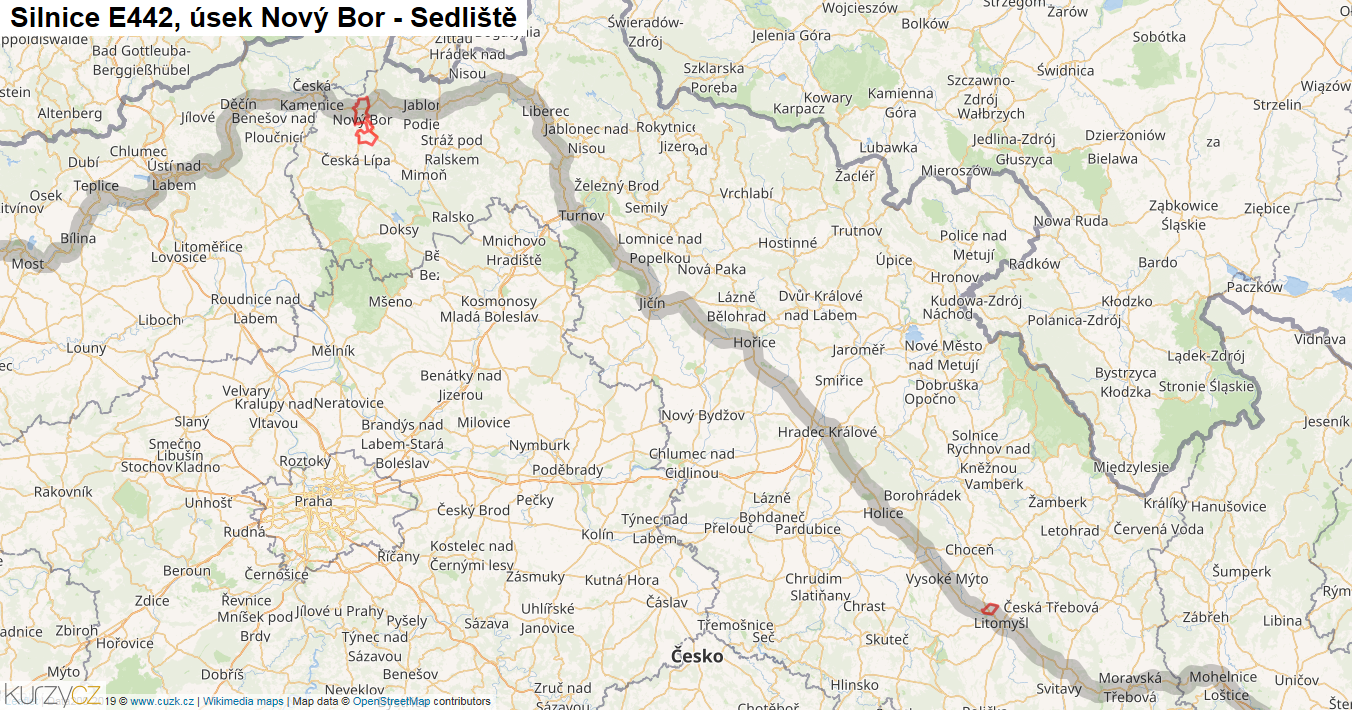 Úsek Nový Bor - Sedliště, Silnice E442 - Mapa