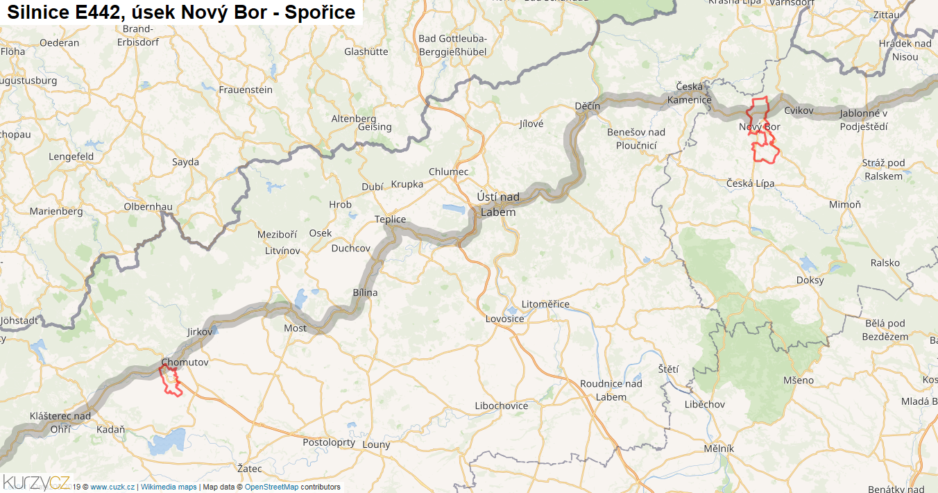Úsek Nový Bor - Spořice, Silnice E442 - Mapa